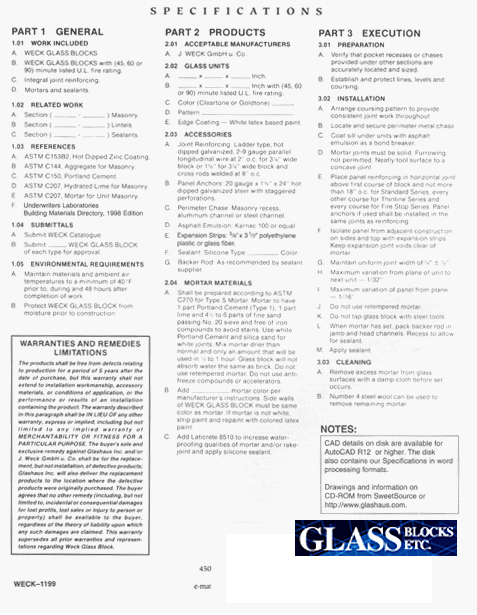 Glass Block Specifications Chart